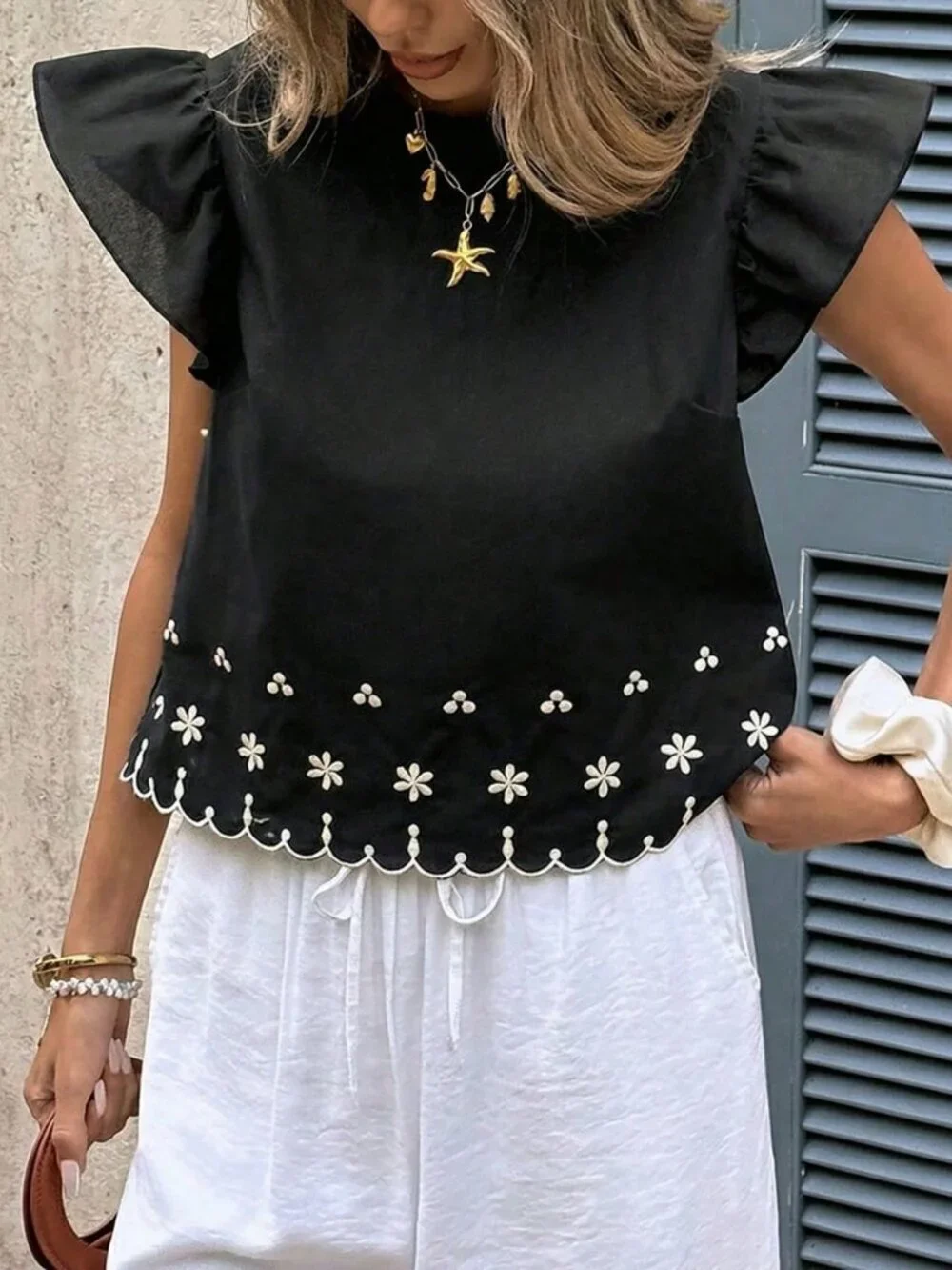 Black Casual Women's Ruffle Armhole Embroidered Shell Trim Loose Blouse Top